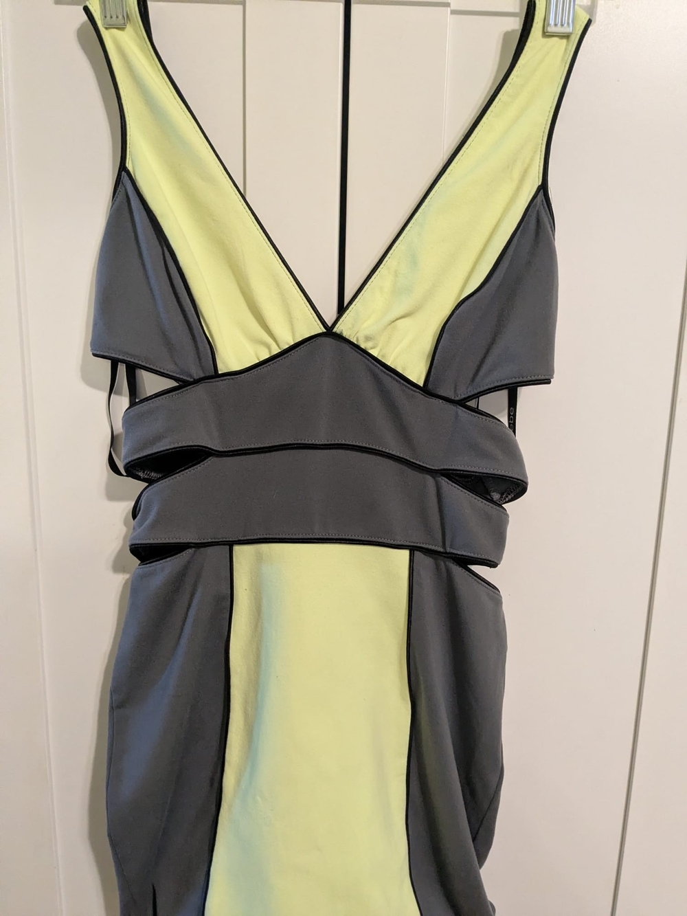 Bebe Sexy V-Neck Colorblock Bodycon Dress in Neon Yellow and Grey, Size S